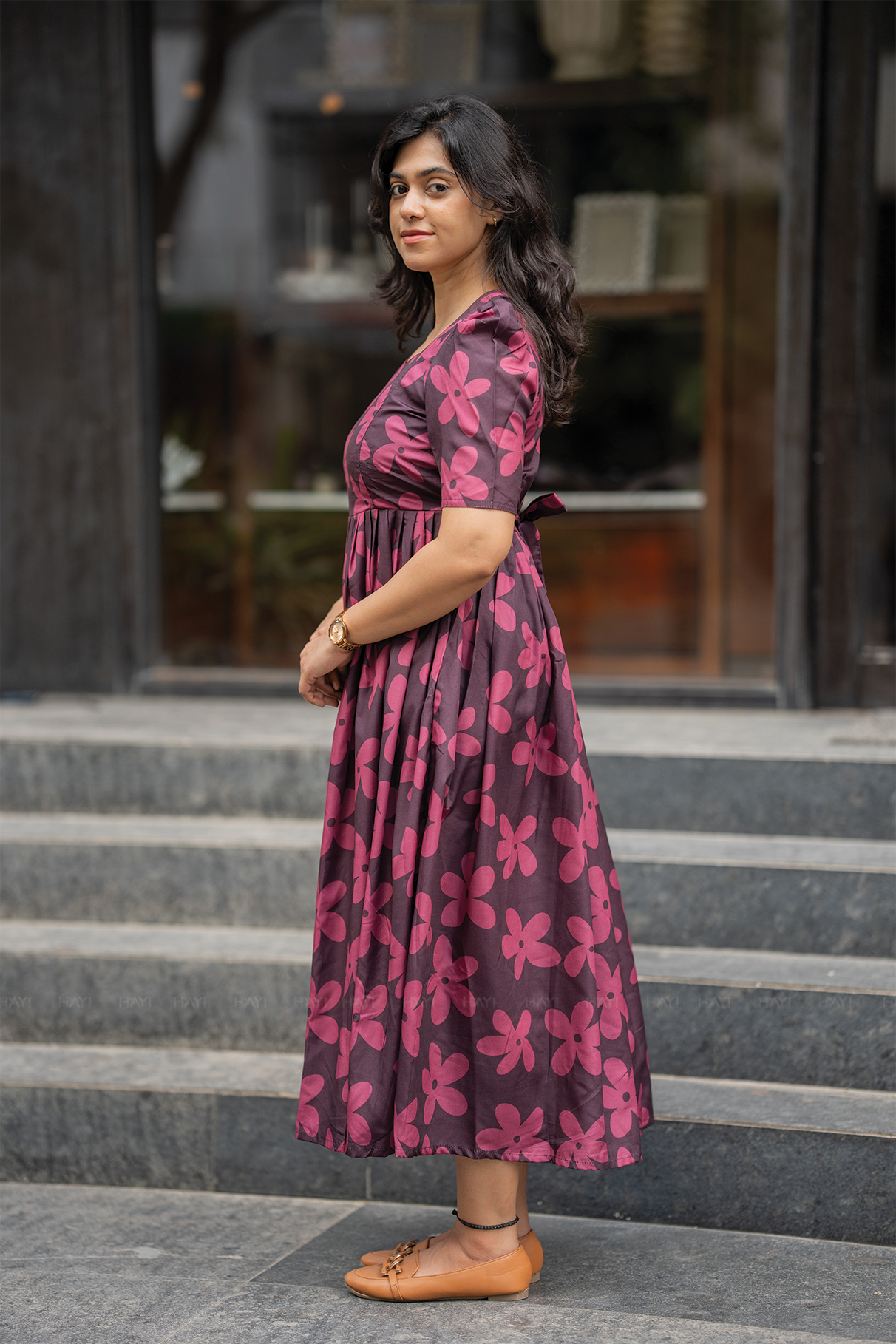 Dark Smoky Bloom Brown Printed Maternity and Feeding Maxi Wear
