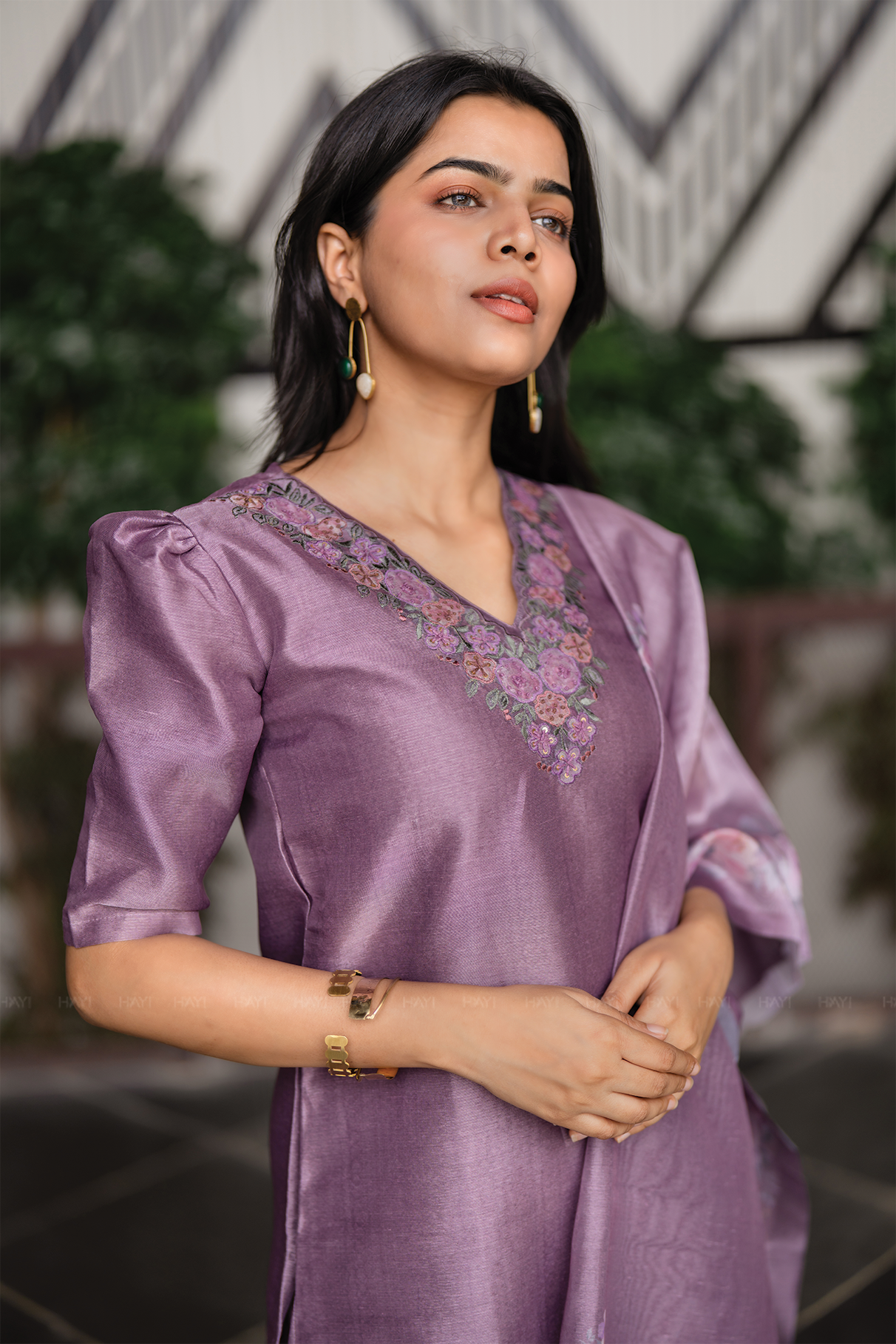 Divine Lilac Lavender Embroidered 3 Piece Organza Silk Blend Kurti Set with Dupatta