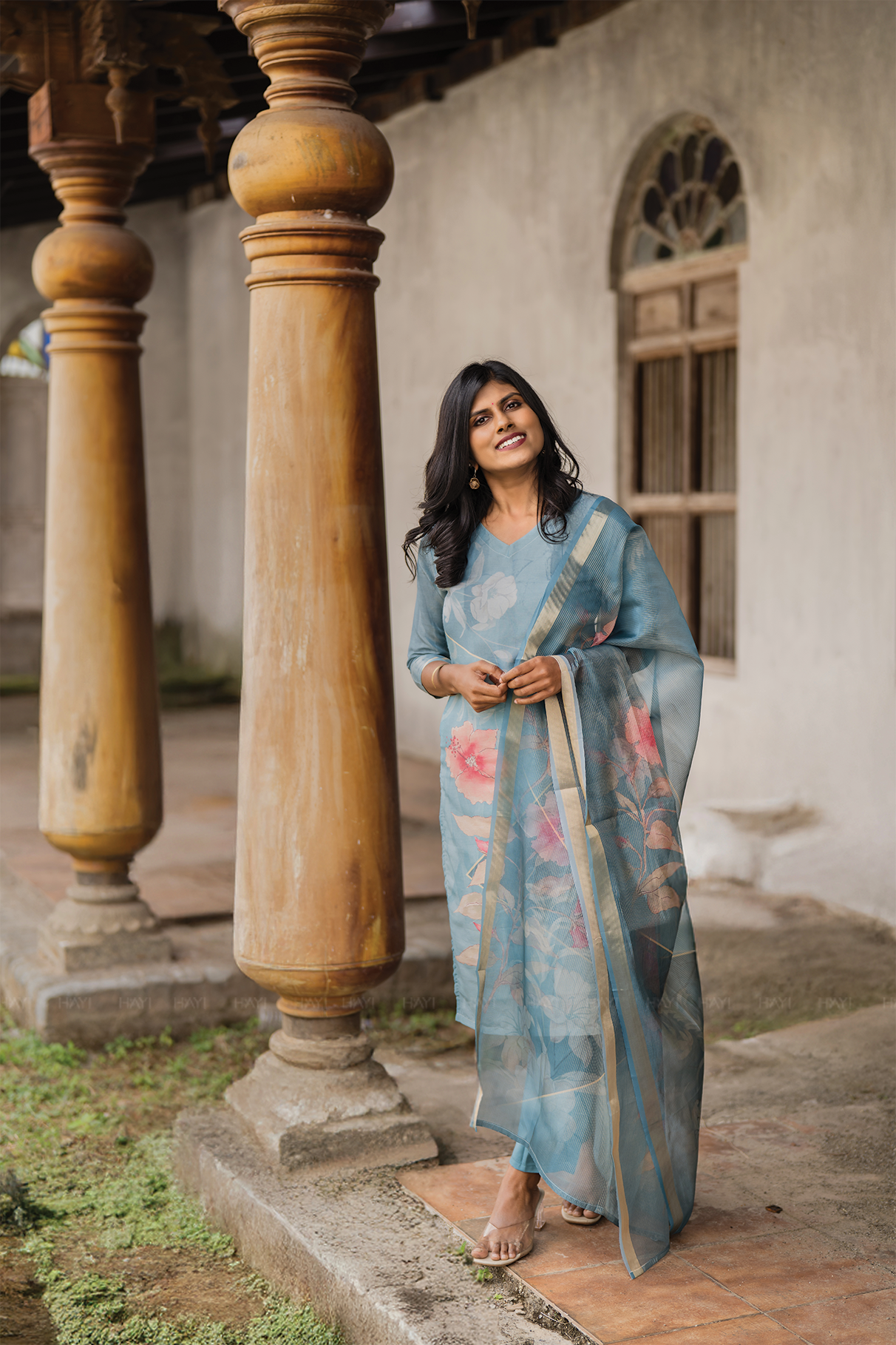 Blush Horizon Blue 3 Piece Shimmer Tissue Blend Floral Placement Print Kurta with Pant &amp; Dupatta