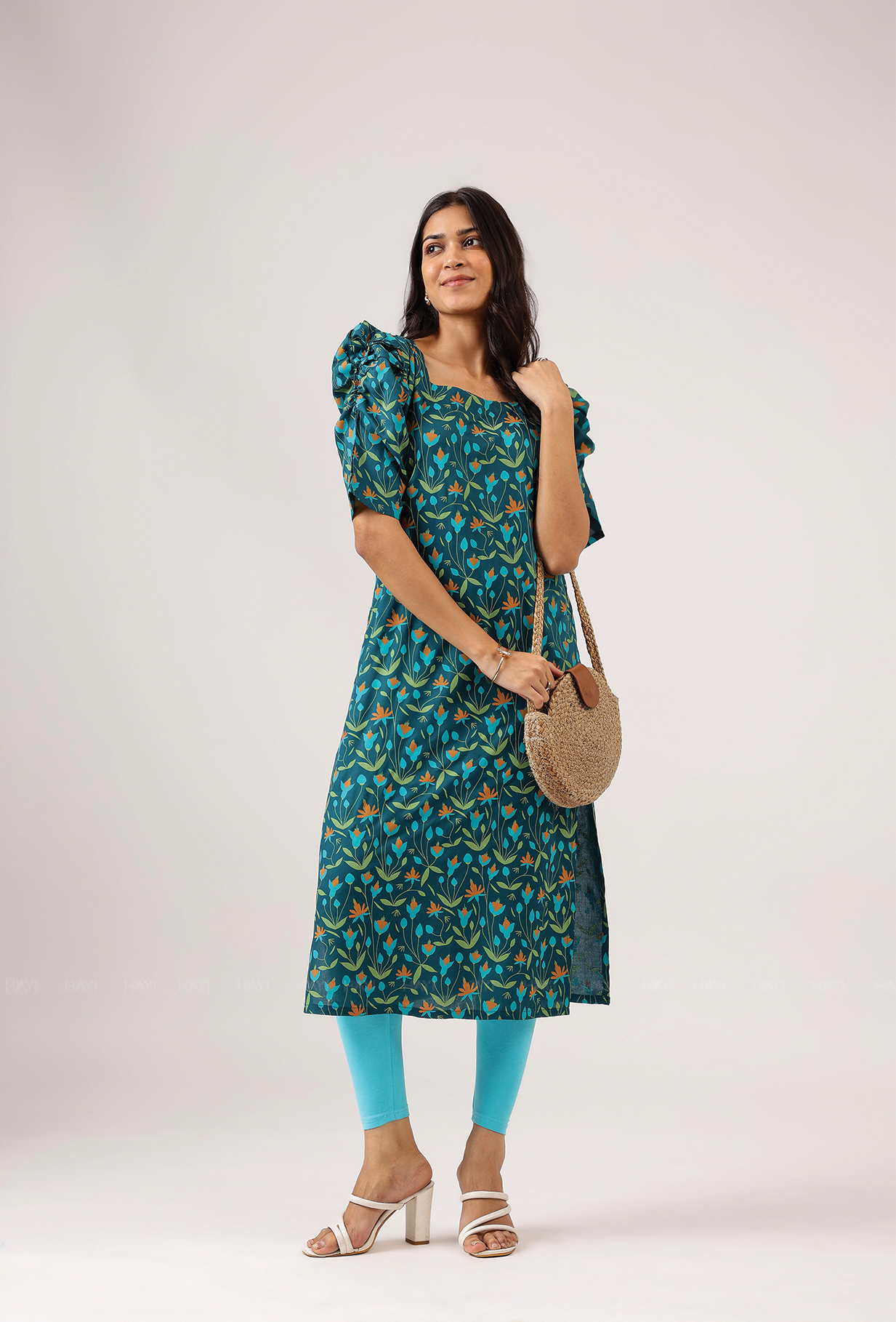 Rouge Teal Green with Evergreen Bloom floral printed Viscose Kurta