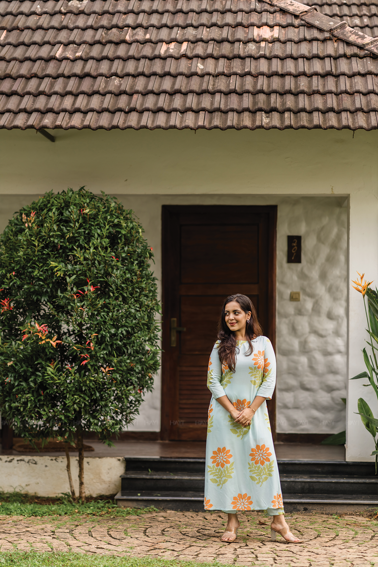 Aacral Blossom Blue Viscose Dress with Boat Neck &amp; Floral Print