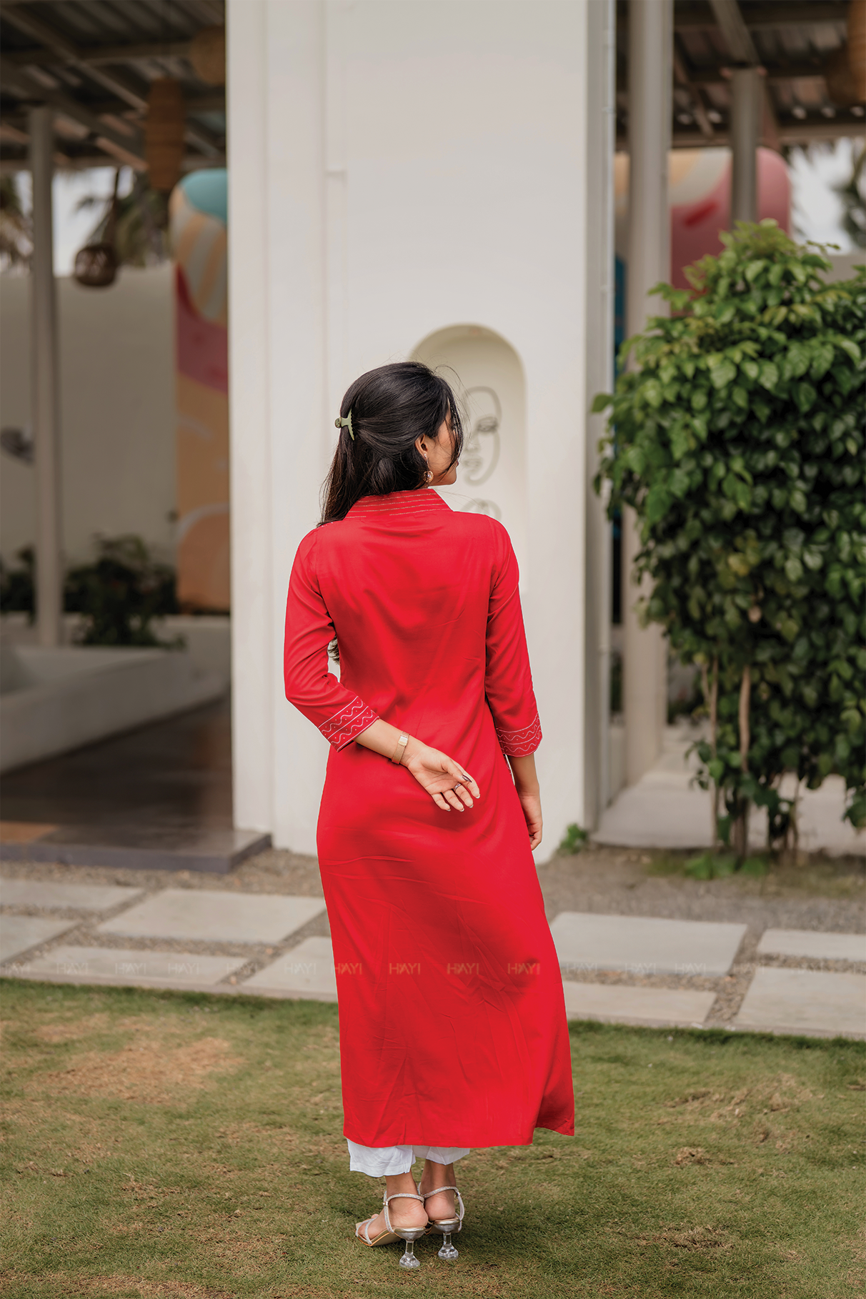 Red Muse Viscose Blend A-line Dress with V-Neck &amp; 3/4th Sleeves