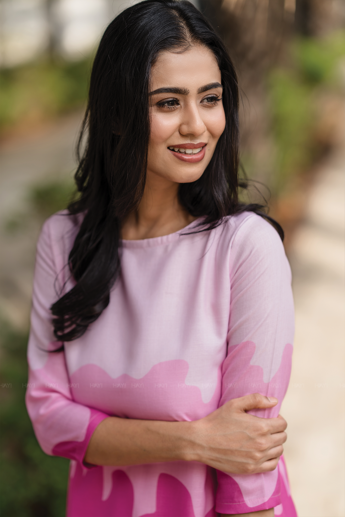 Blush Cascade Pink Linen Blend Dress with Boat neck &amp; Digital Placement Print