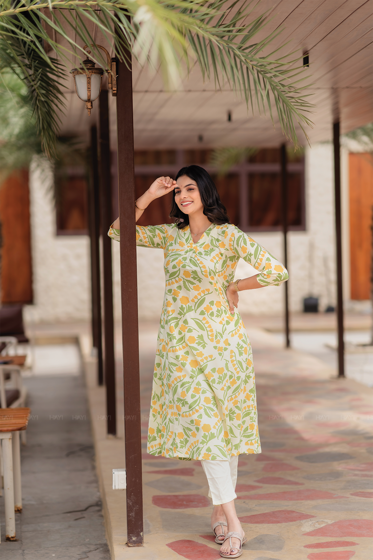 Spring Light Yellow Viscose Co-ord with V-Neckline Floral Print &amp; 3/4th Sleeves