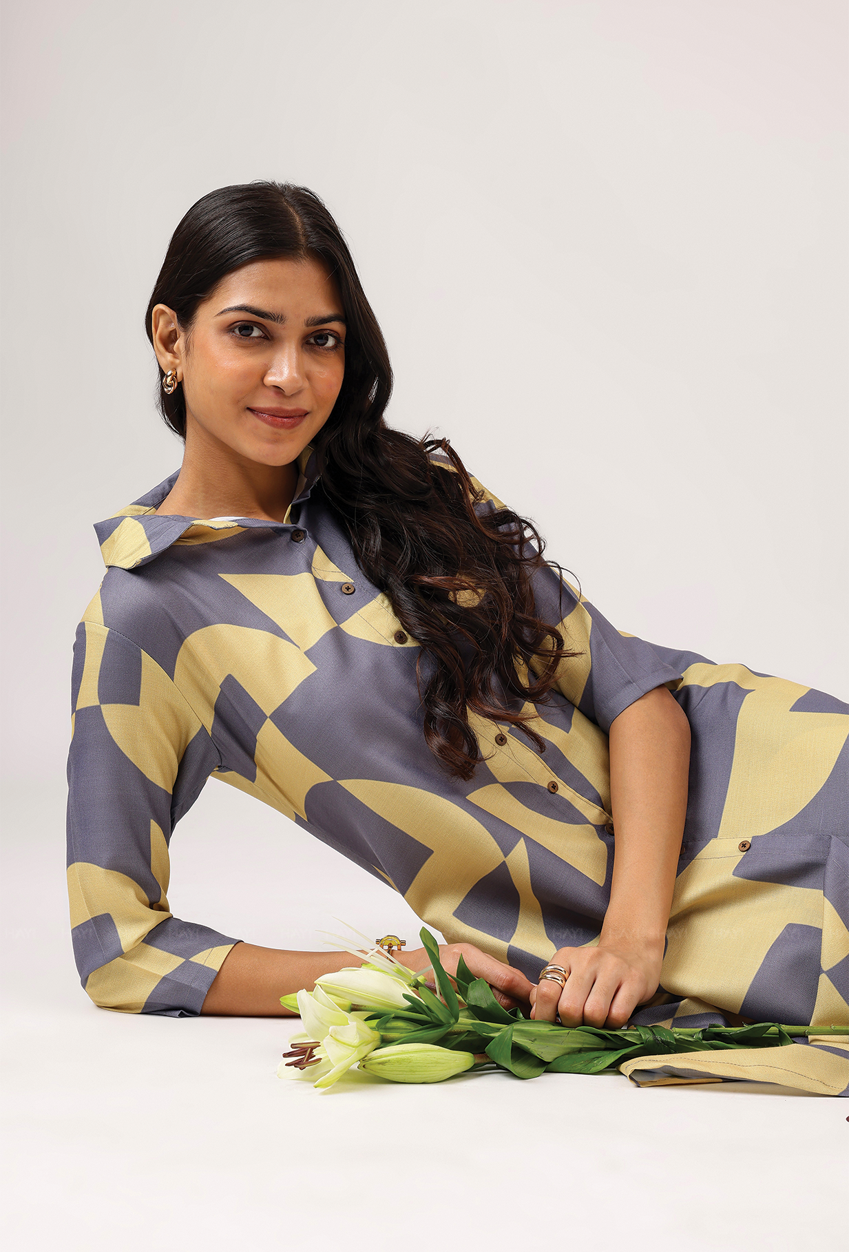 Rhythmic Gray with Vivid Harmony printed Linen Blend Co ords