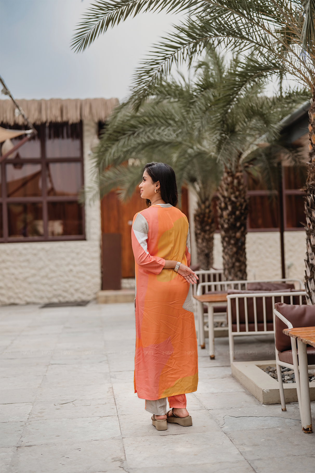 Rustic Rhythm Beige Viscose Co-ord with Chinese Collar &amp; 3/4th Sleeves