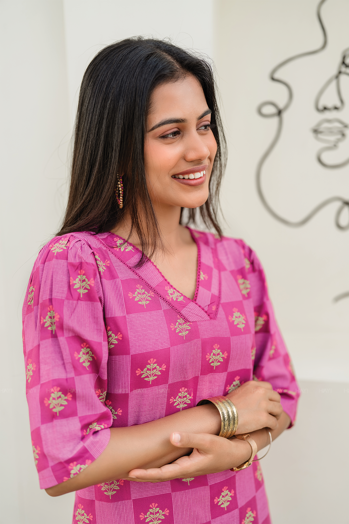 Pink Lattice Glam Viscose Co-ord with V-Neck &amp; Lace