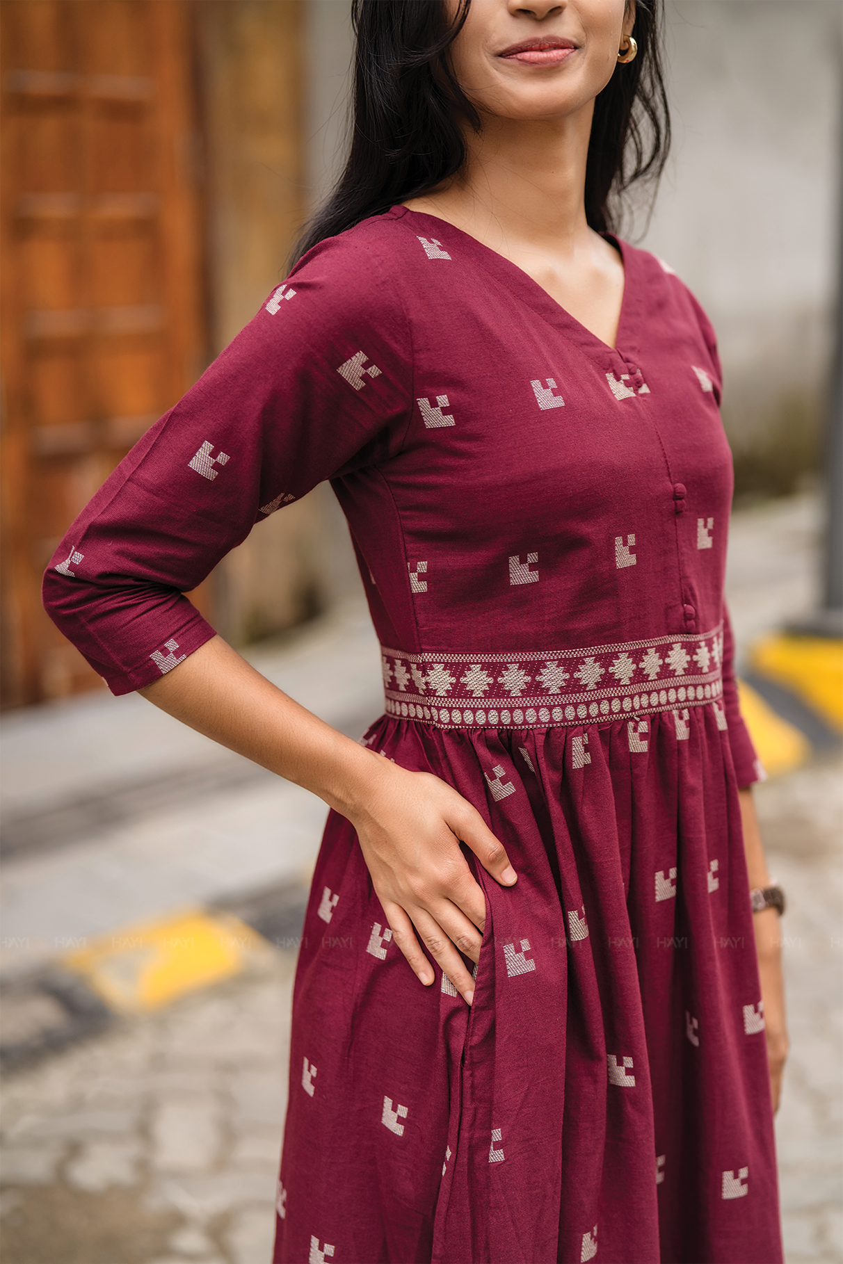 Rosebud Pink Handloom Dress with Straight V-Neck &amp; 3/4 Sleeves