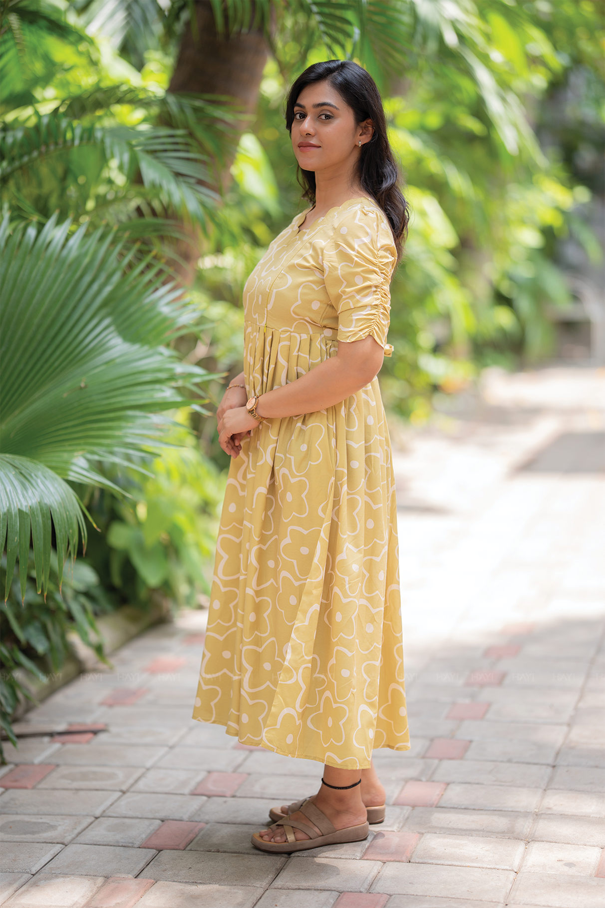 Mustard Flower Yellow Printed Maternity and feeding Maxi
