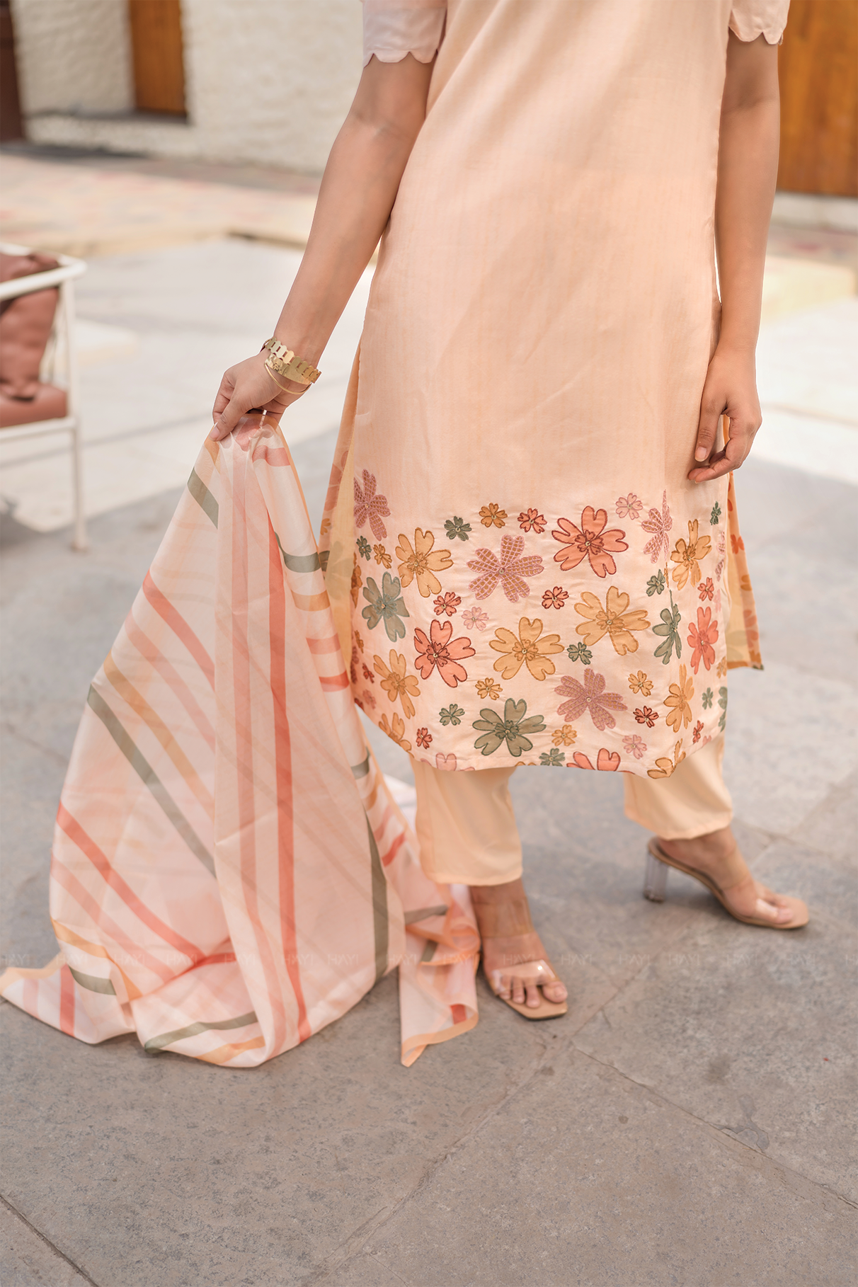 Buttercup Beige Embroidered 3 Piece Tissue silk blend Kurta with Pant &amp; Dupatta