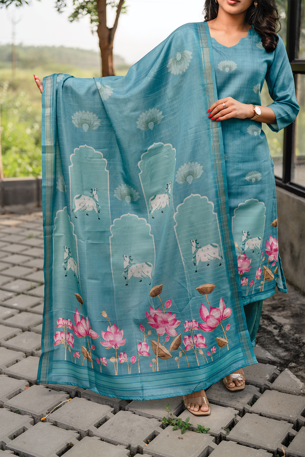 Lotus Charm Blue 3 Piece Tussar Silk Blend Printed Kurta with Pant &amp; Dupatta