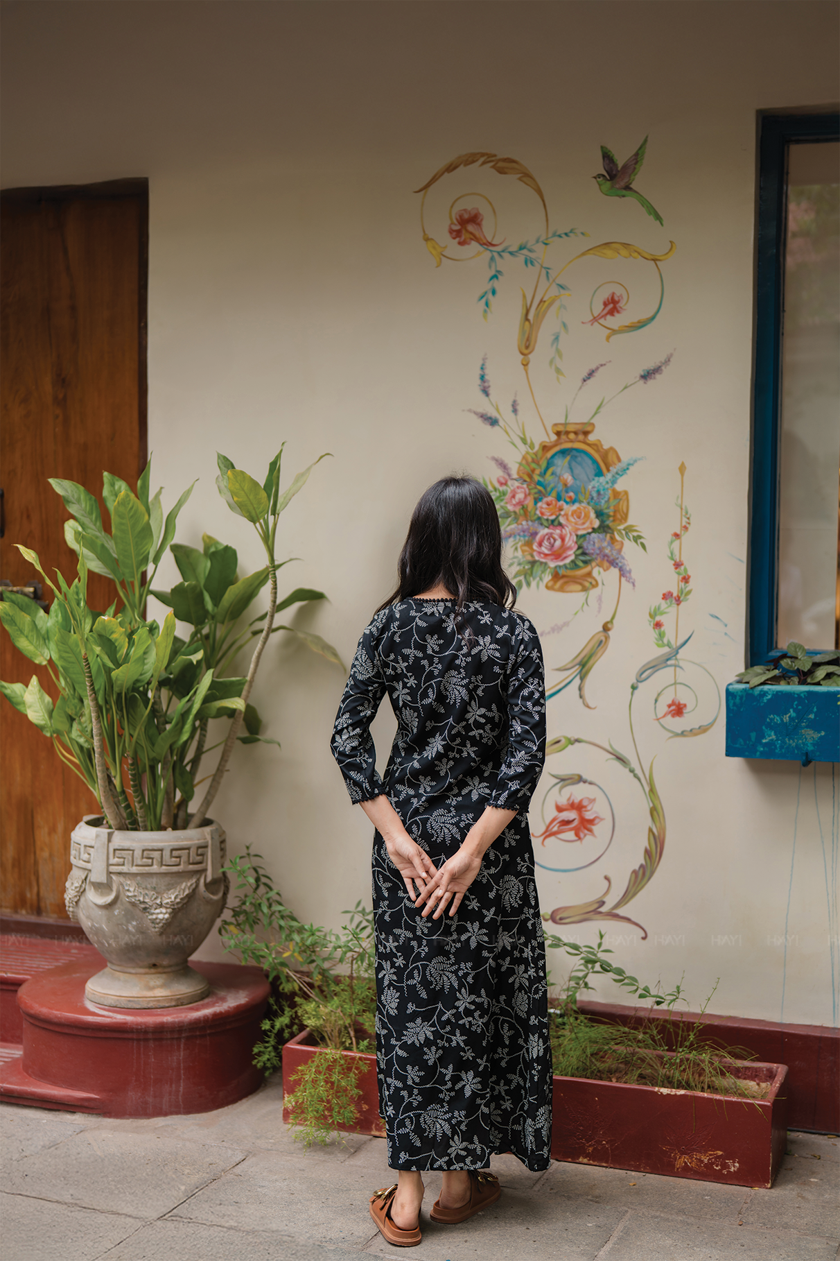 Pristine Black with Noir Blossom printed Viscose Dress
