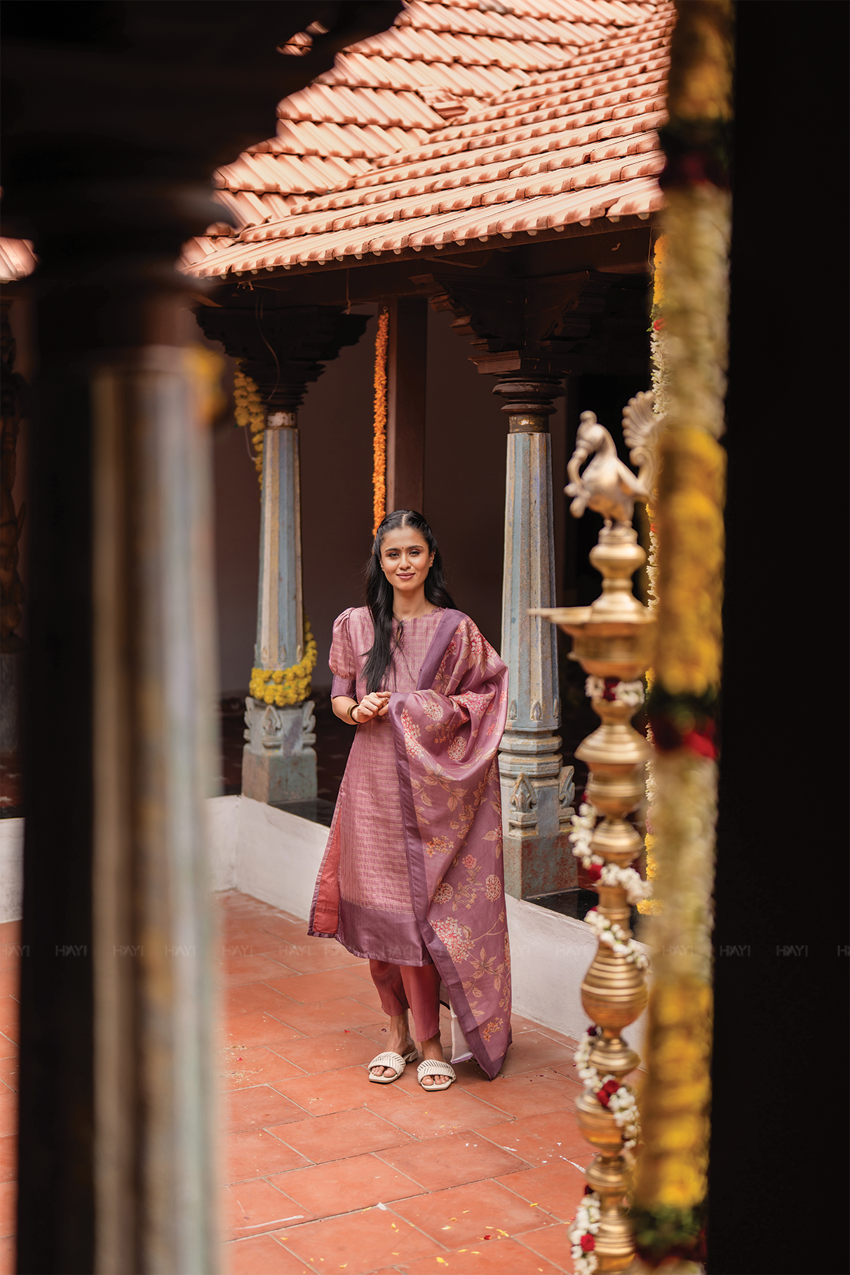 Dusky Pink Satin Daman 3 Piece Silk Check Blend Floral Printed Kurta with Pant &amp; Dupatta