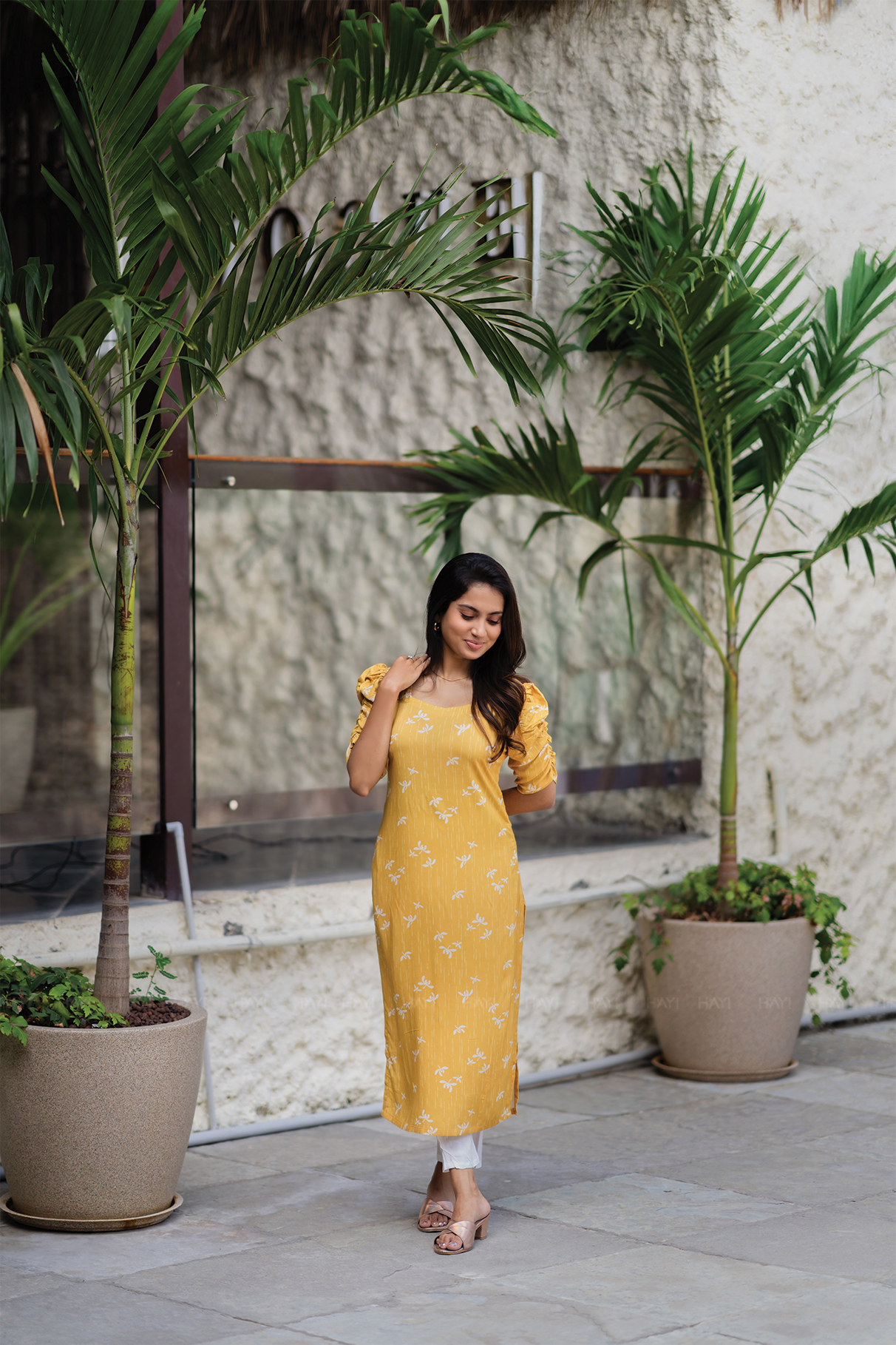 Lemon Pop Yellow Viscose Kurti with Sweetheart Neck &amp; Ruched Sleeves