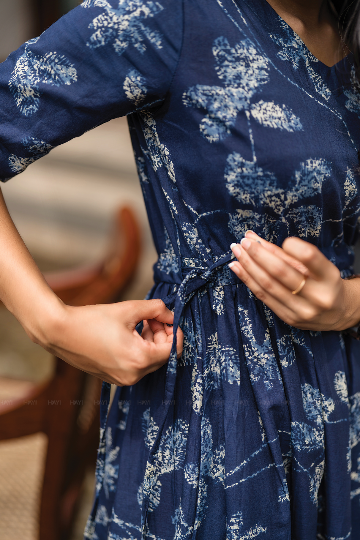 Floralia Blue Cotton Dress with V-Neck &amp; Fabric Rope Detail