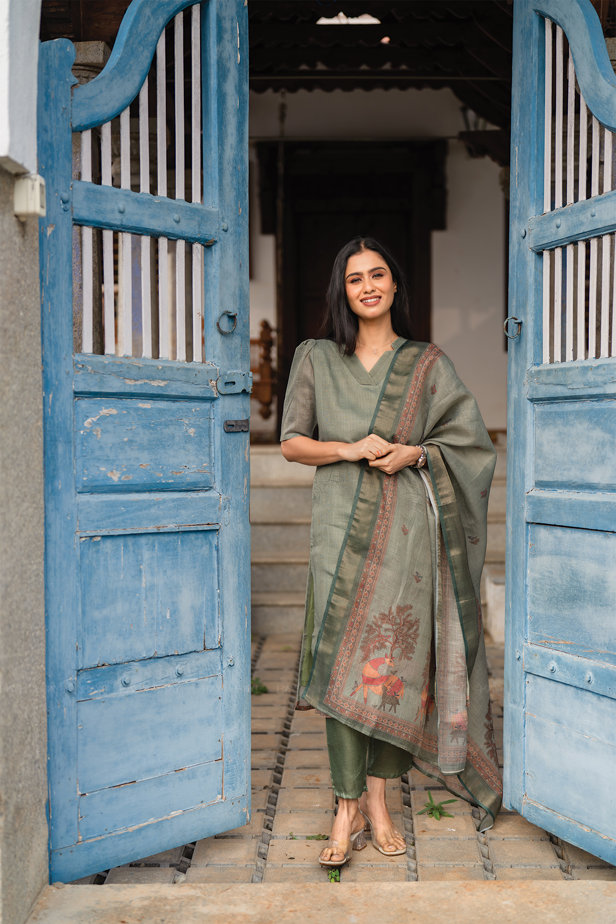 Mirga Green 3 Piece Linen Blend Printed Kurta with Pant &amp; Dupatta