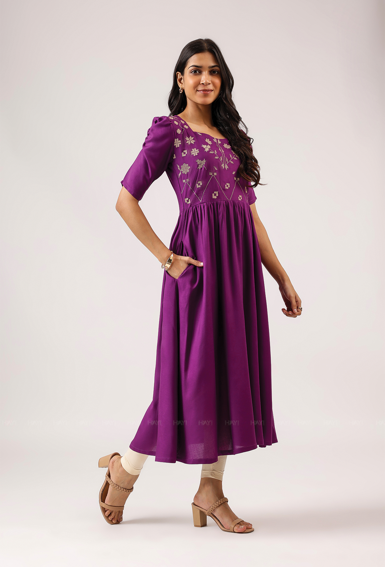 Plum Royal with floral printed Viscose Dress