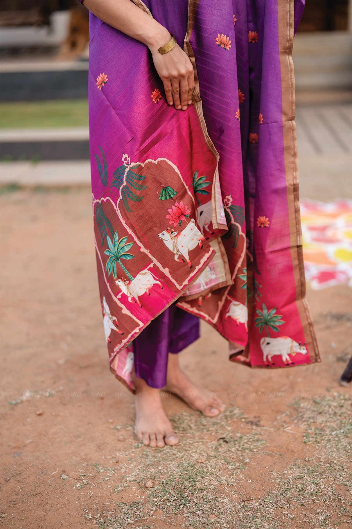 Ivanya Violet 3 Piece Tussar Silk Blend Printed Kurta with Pant &amp; Dupatta