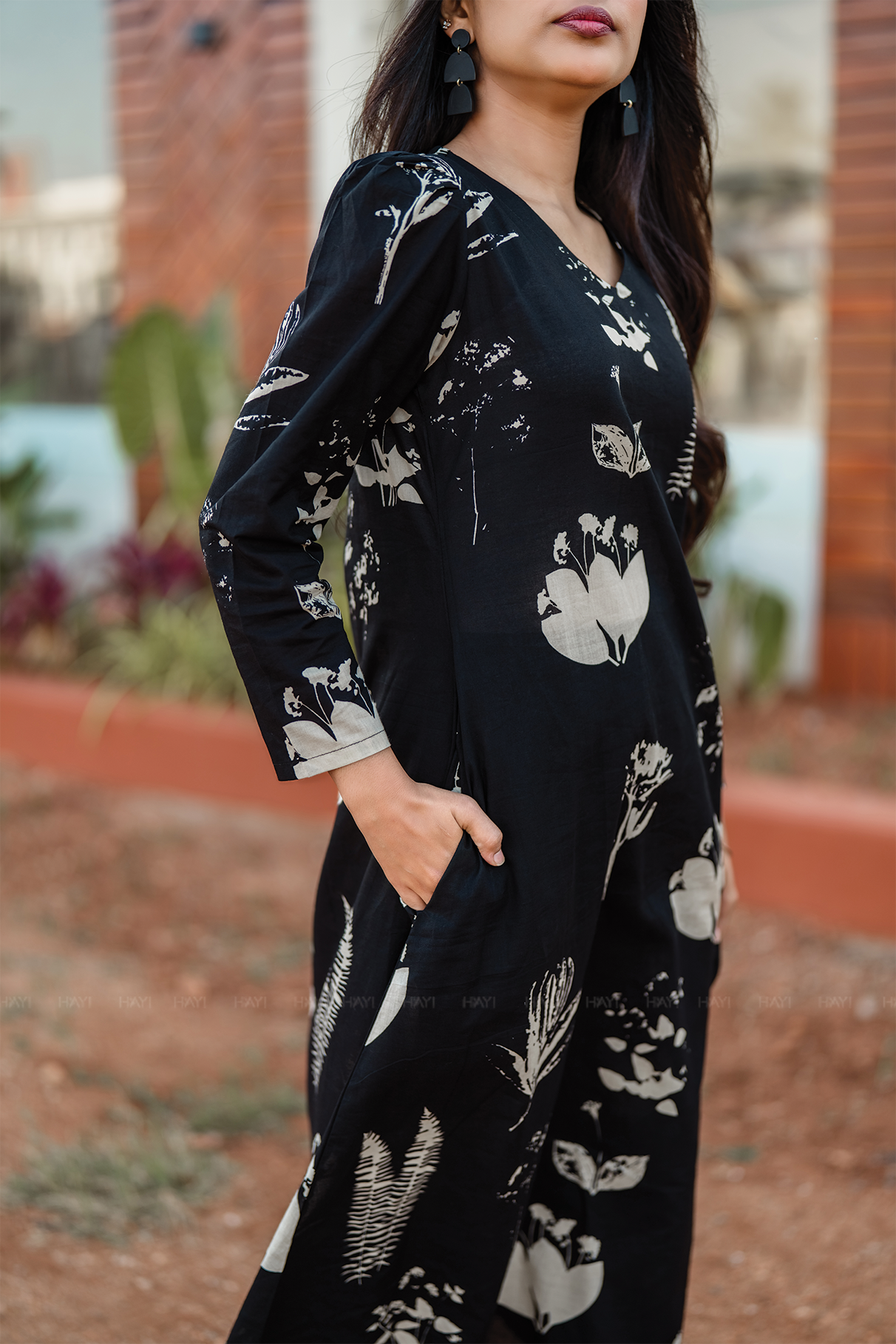 Fogblush Black Cotton Blend Co-ord with V-Neck &amp; Light Puff Sleeves