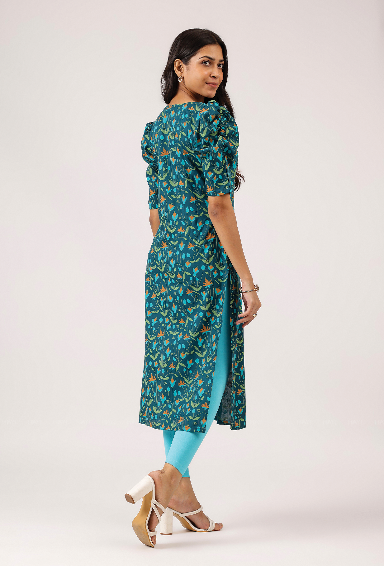 Rouge Teal Green with Evergreen Bloom floral printed Viscose Kurta