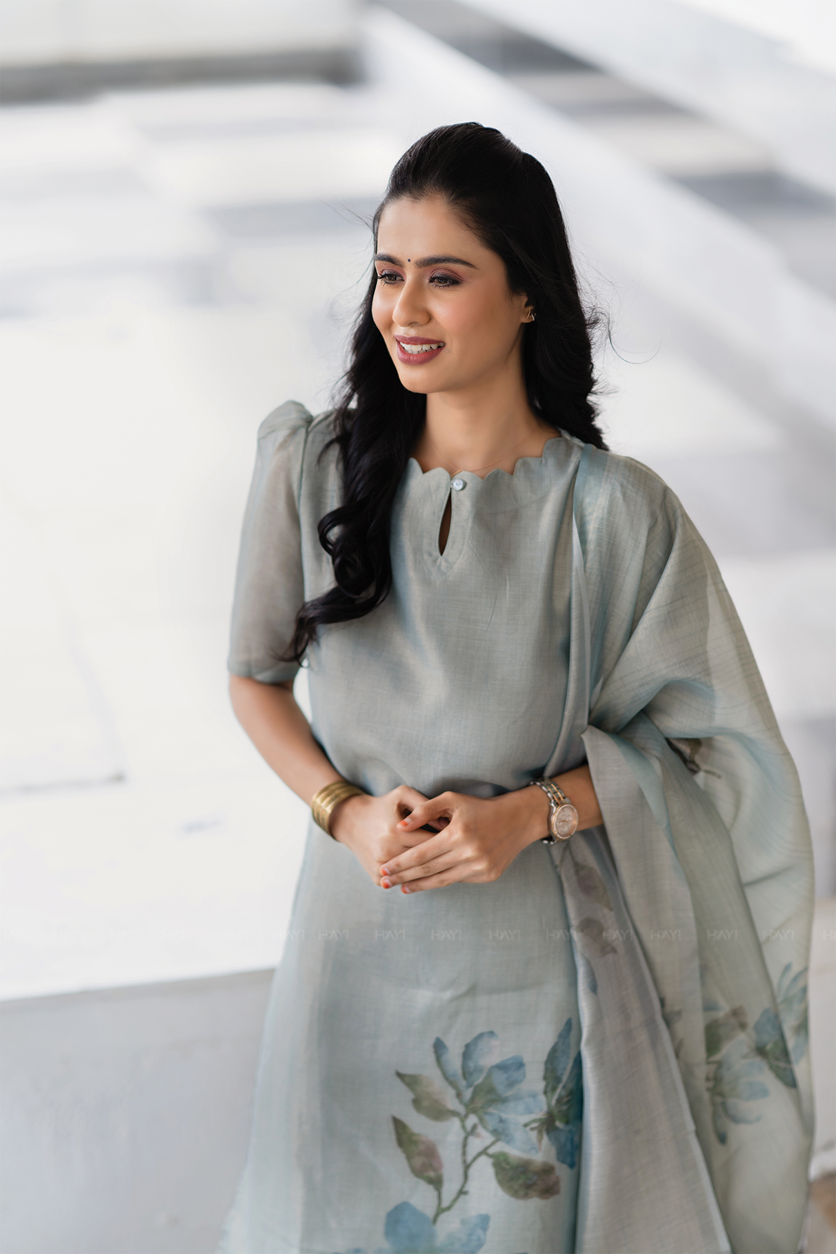 Periwinkle 3 Piece Blue Shimmer Tissue Printed Kurta with Pant &amp; Dupatta