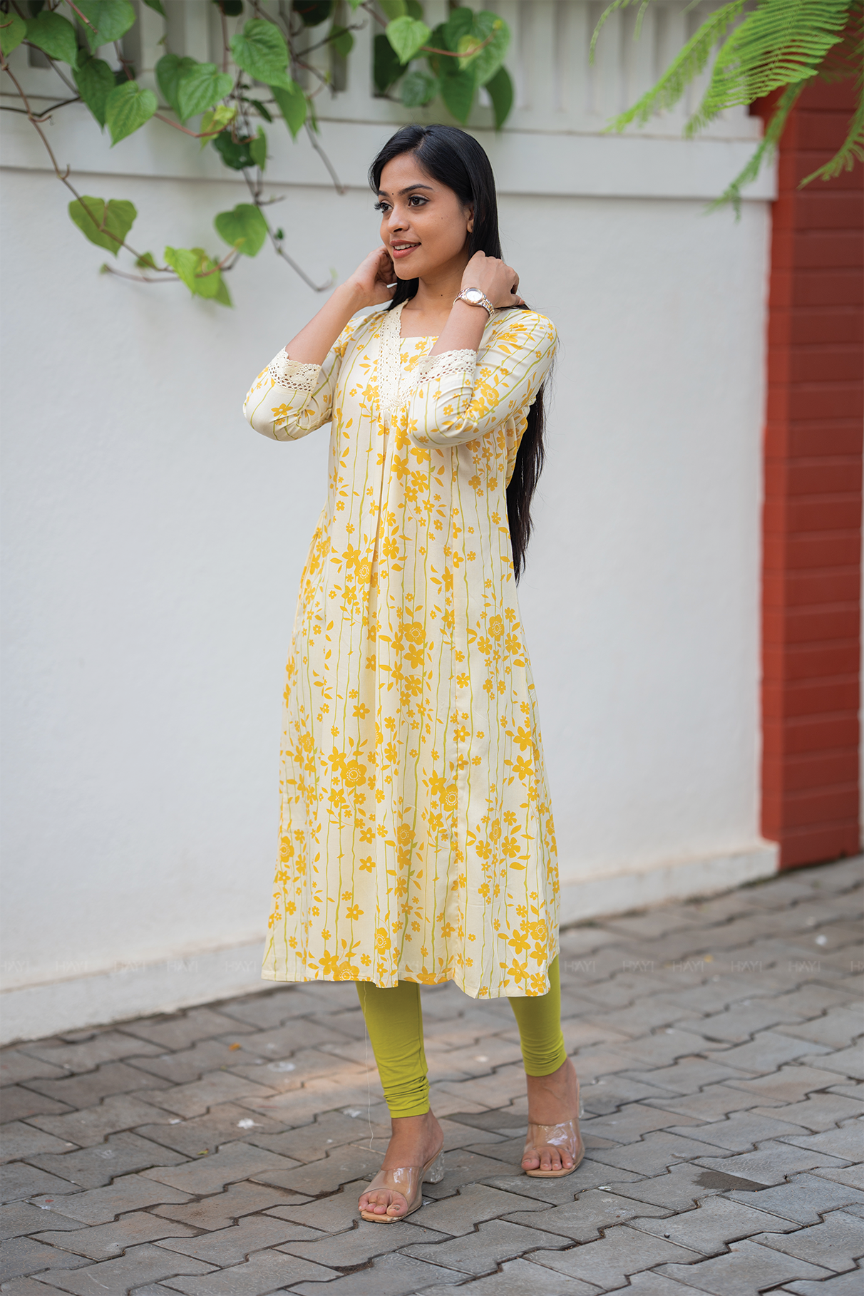 Liora Floral Line Yellow Viscose A-Line Kurta with V-Neck &amp; 3/4th Sleeves