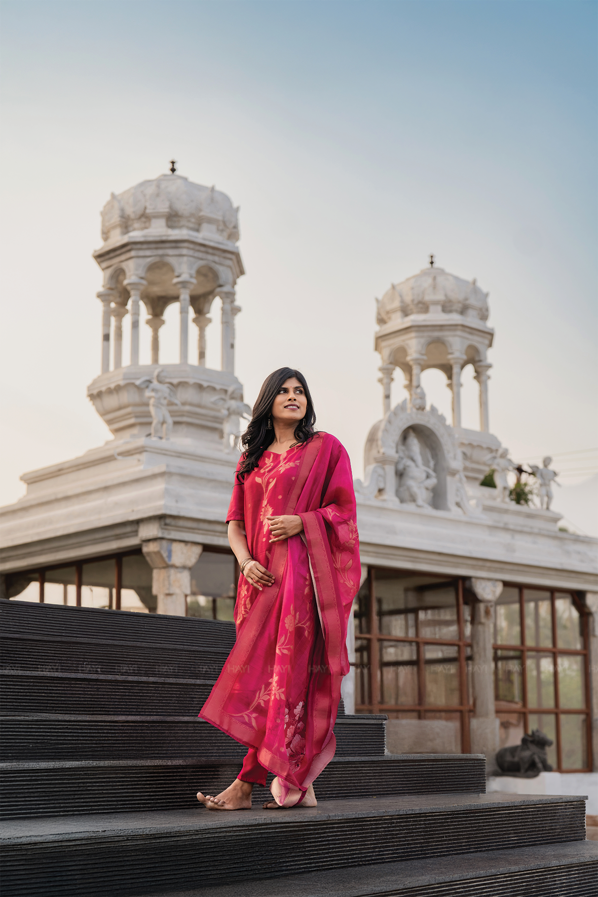 Rosewood Reddish Pink 3 Piece Jacquard Silk Blend Floral Placement Printed Kurta with Pant &amp; Dupatta