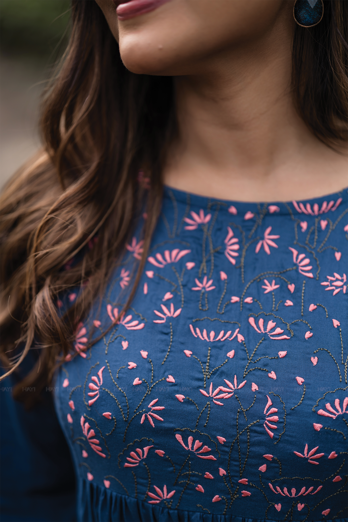 Midtown Minimal Blue Viscose Dress with Close Neck and Embroidery