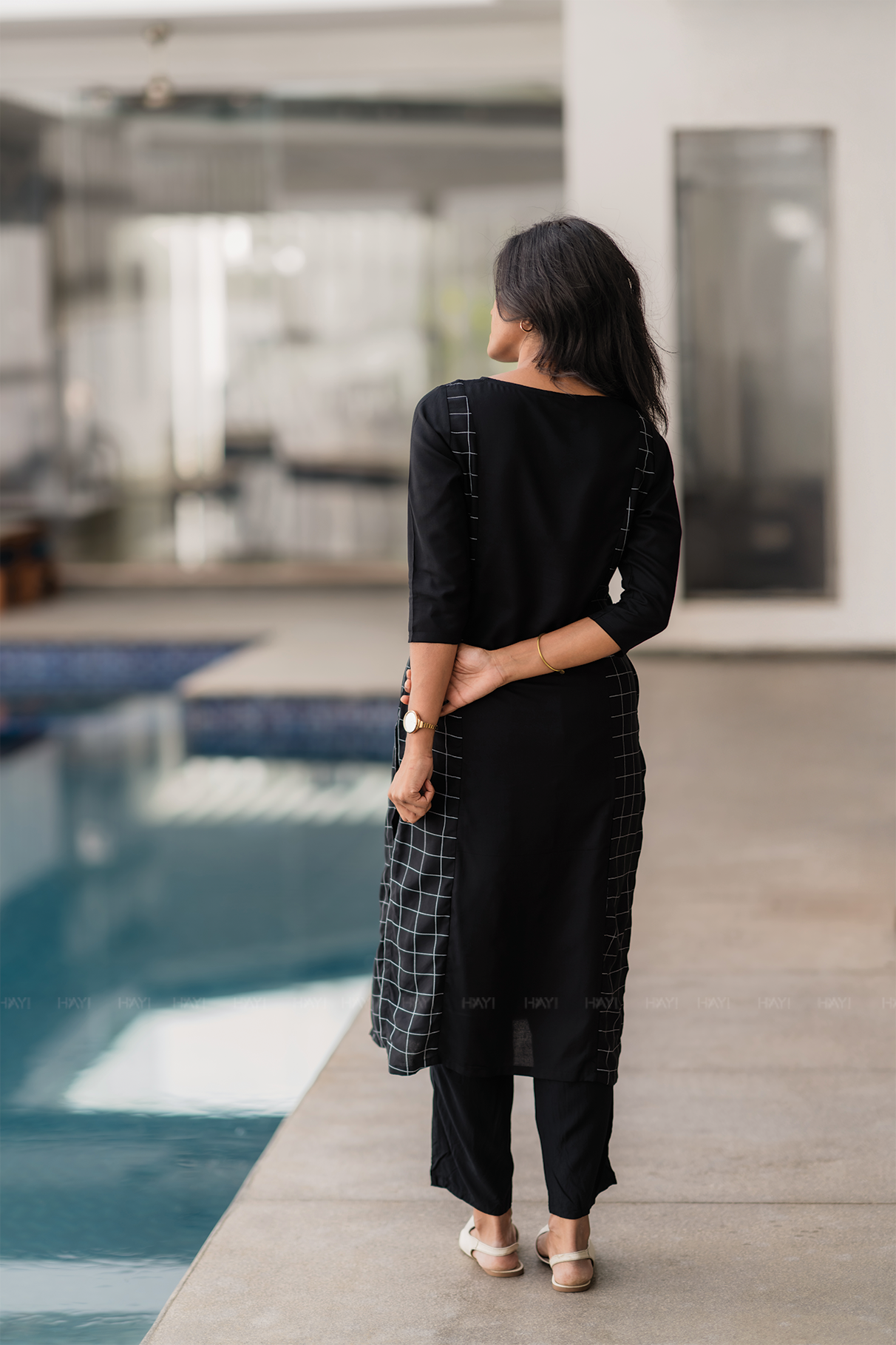 Plaid Muse Black Viscose Kurta with Embroidery and Print