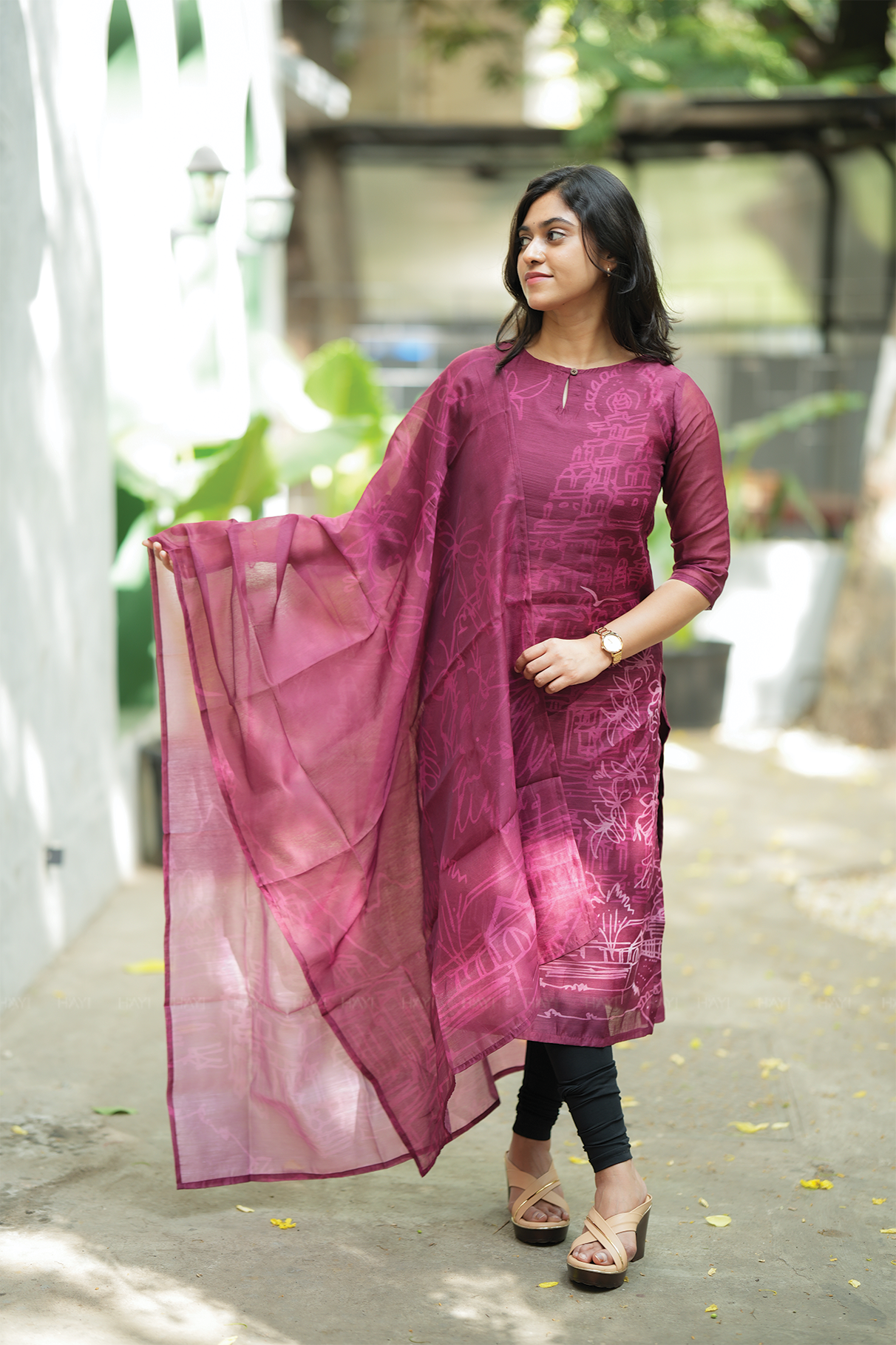 Gleam Wine with Live in Divine printed Chanderi Blend Kurta