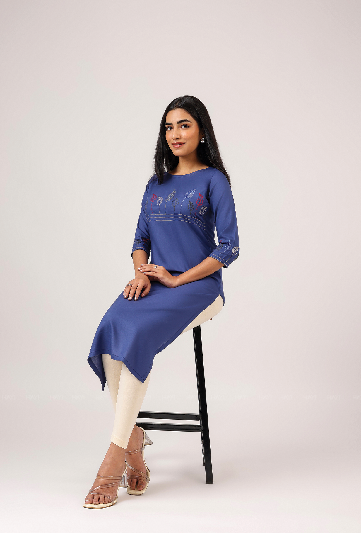 Drawn Blue with Ink Weave Leaf Embroidery Viscose Kurta