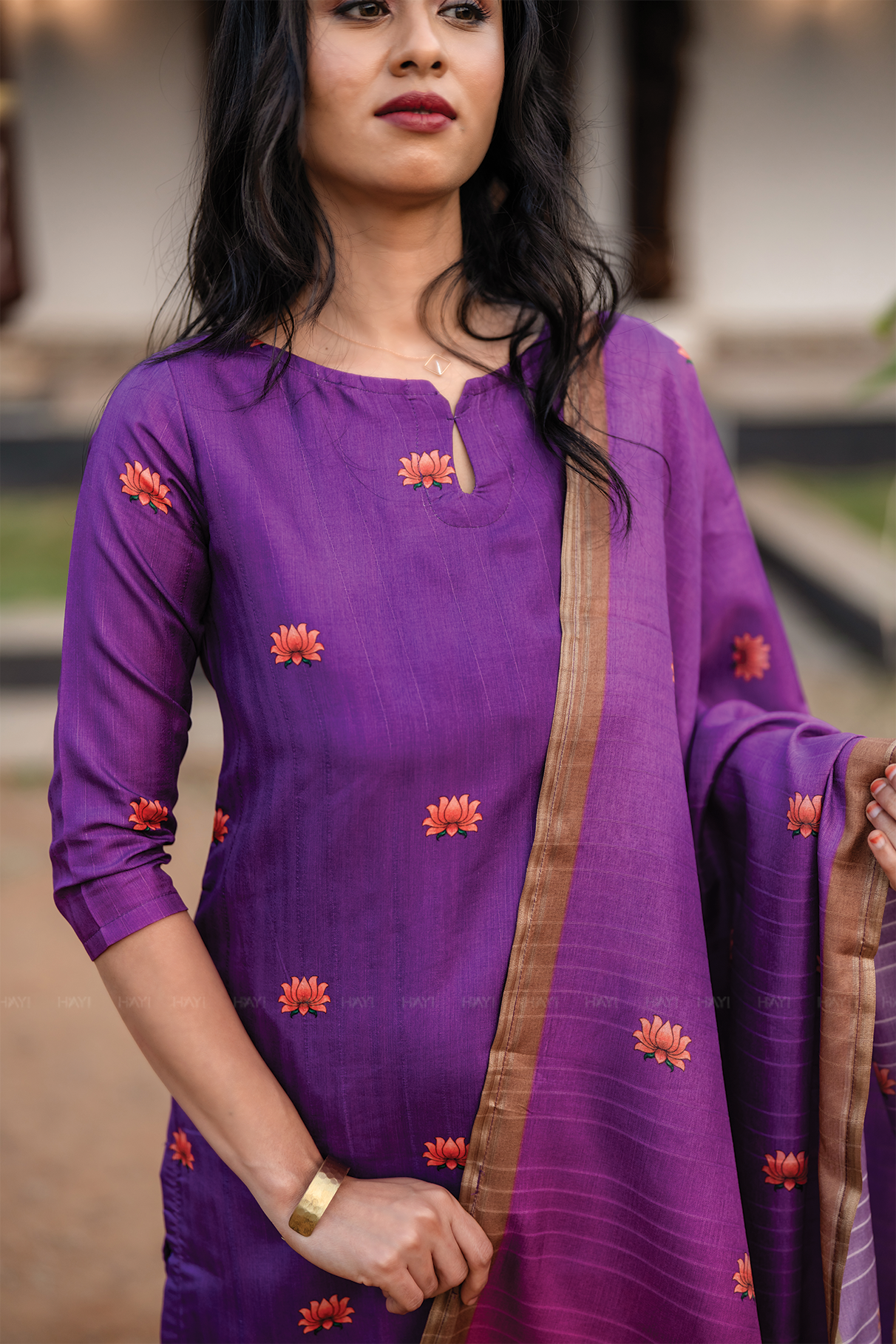 Ivanya Violet 3 Piece Tussar Silk Blend Printed Kurta with Pant &amp; Dupatta