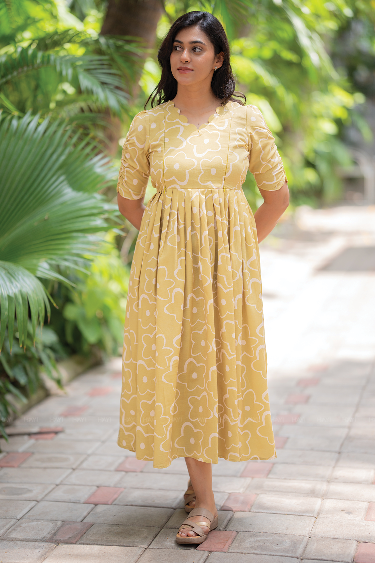 Mustard Flower Yellow Printed Maternity and feeding Maxi