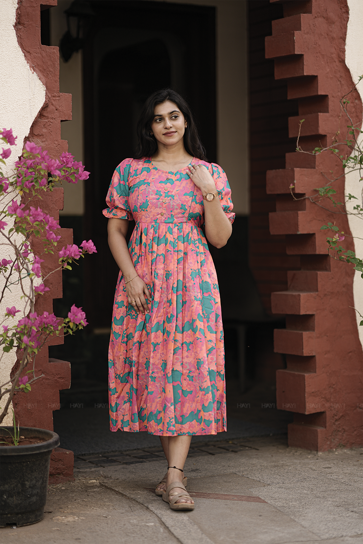 Autumn Tale Green Printed Maternity and Feeding Maxi dress