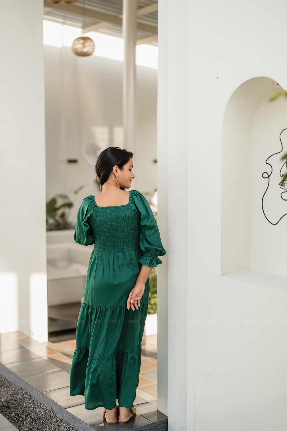 Green Floral Whimsy Green Viscose Dress with Shoulder Elastic &amp; Embroidery