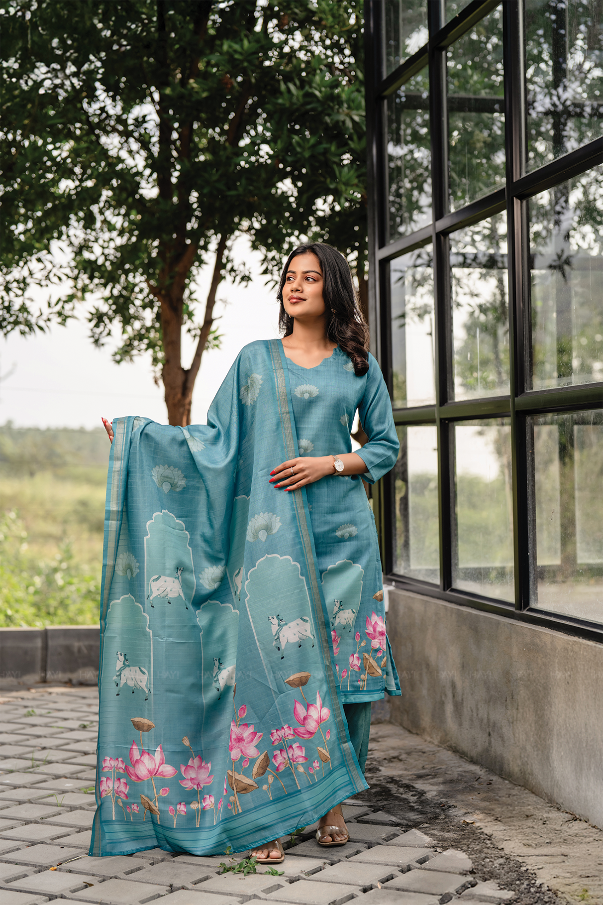 Lotus Charm Blue 3 Piece Tussar Silk Blend Printed Kurta with Pant &amp; Dupatta