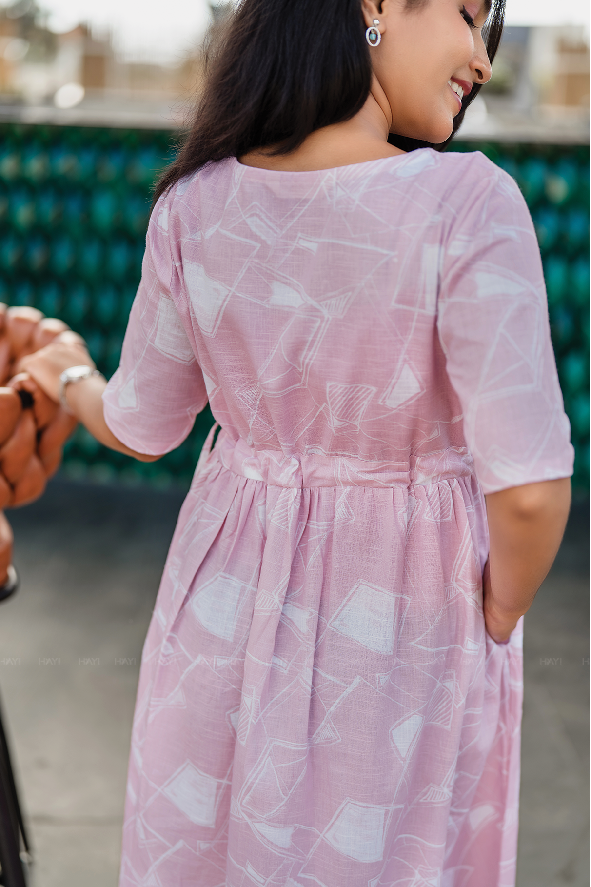 Soft Focus Light Pink Cotton Blend Dress with Round Neck &amp; Fabric Rope Tie