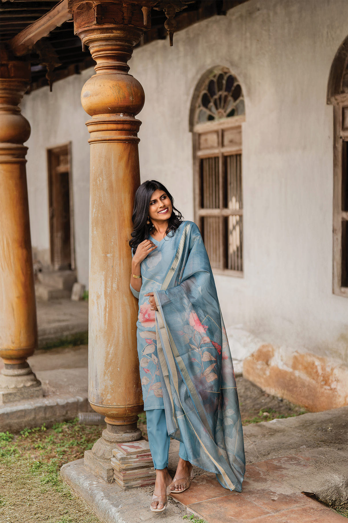 Blush Horizon Blue 3 Piece Shimmer Tissue Blend Floral Placement Print Kurta with Pant &amp; Dupatta
