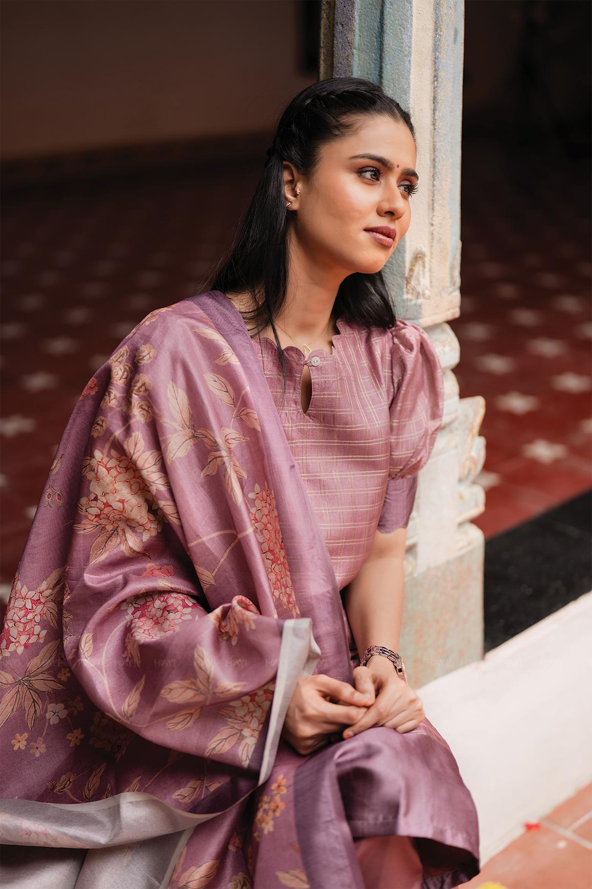 Dusky Pink Satin Daman 3 Piece Silk Check Blend Floral Printed Kurta with Pant &amp; Dupatta