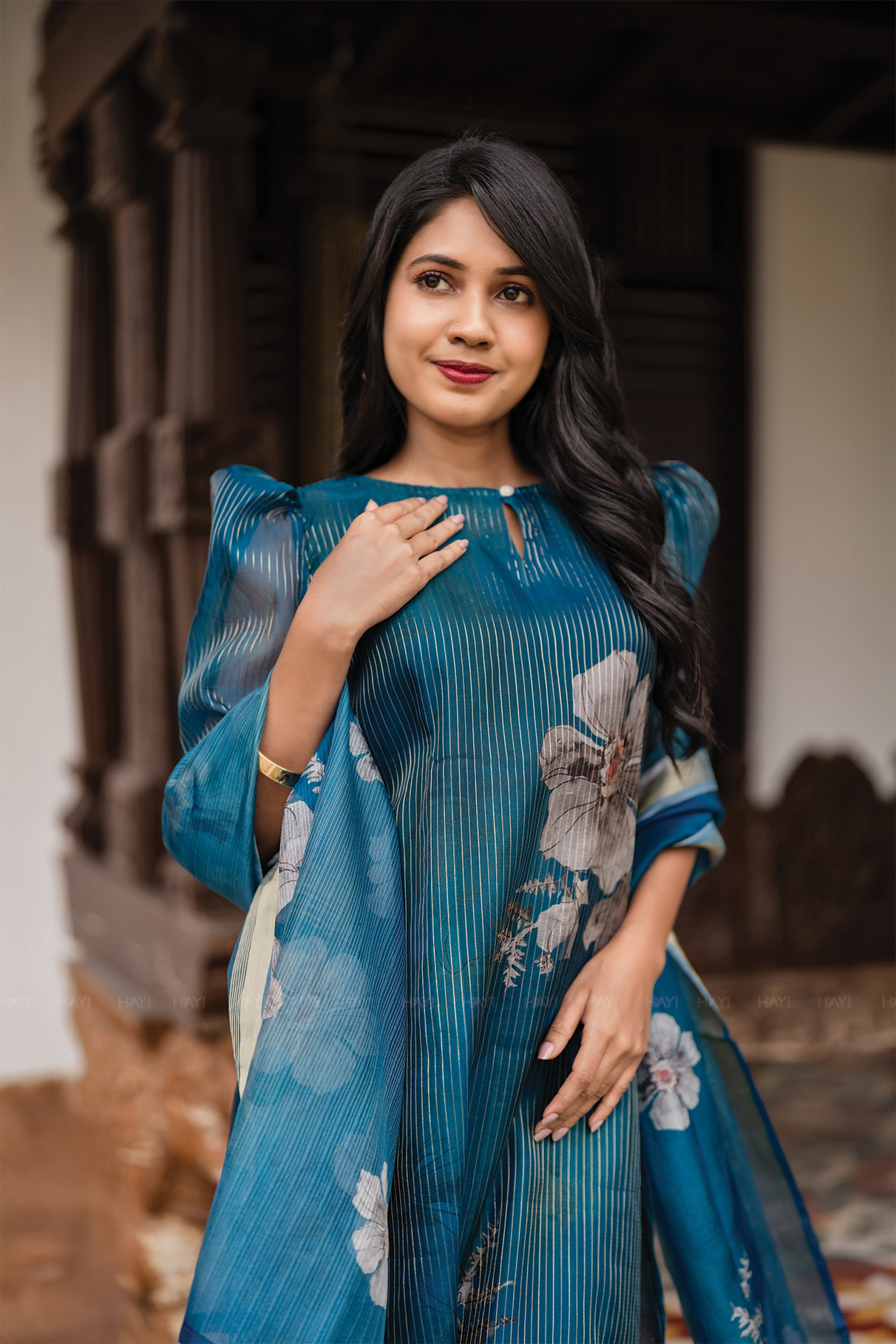 Lagoon Petals 3 Piece Peacock Blue Organza Printed Kurta with Pant &amp; Dupatta