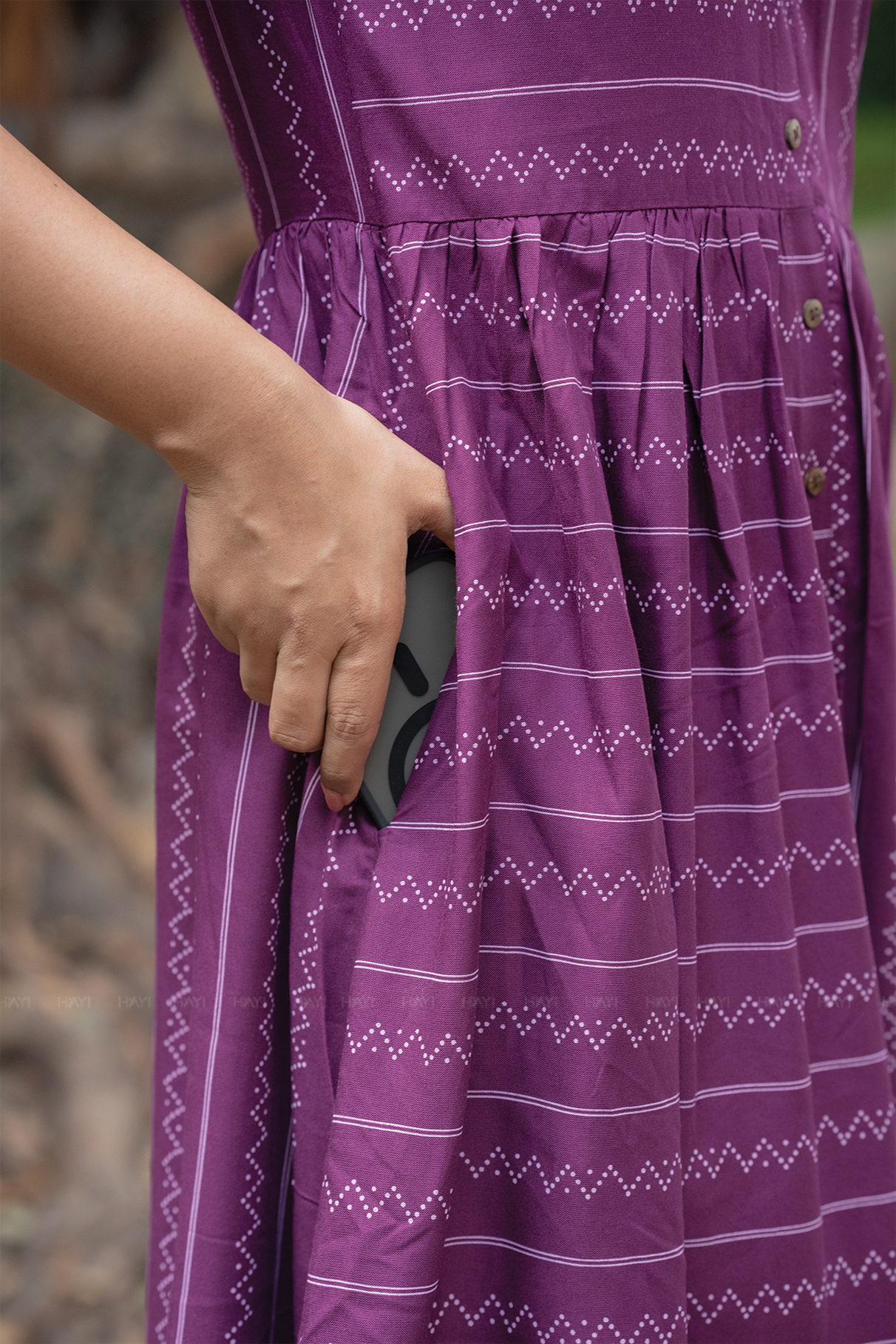 Grape Line Violet Viscose Dress with Boat Neck &amp; 3/4th Sleeves