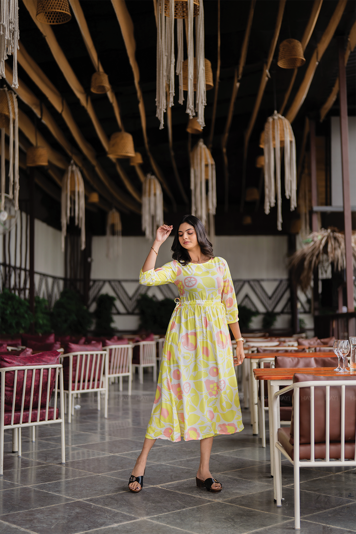 Bloom Breeze Green Viscose Dress with Boat Neck &amp; 3/4th Sleeves