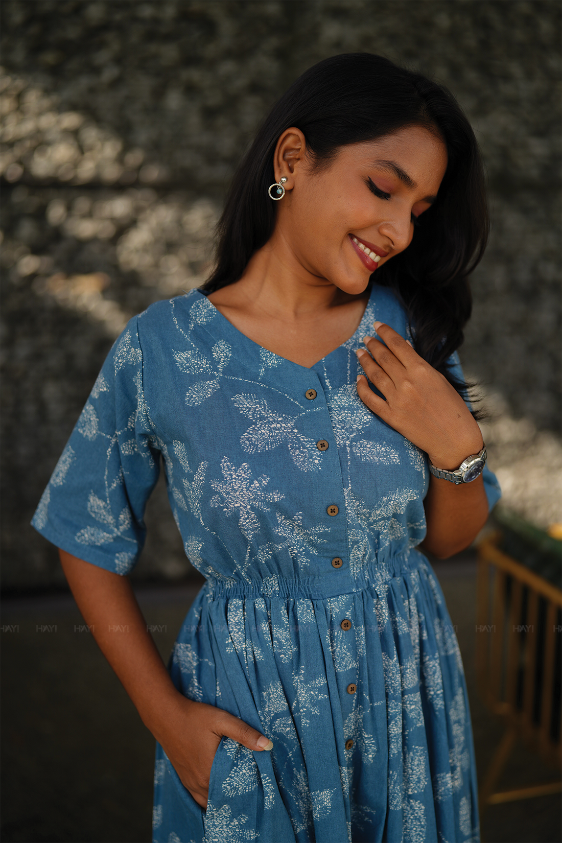 Morning Dew Blue Cotton Dress with V-Neck &amp; Elbow Sleeves