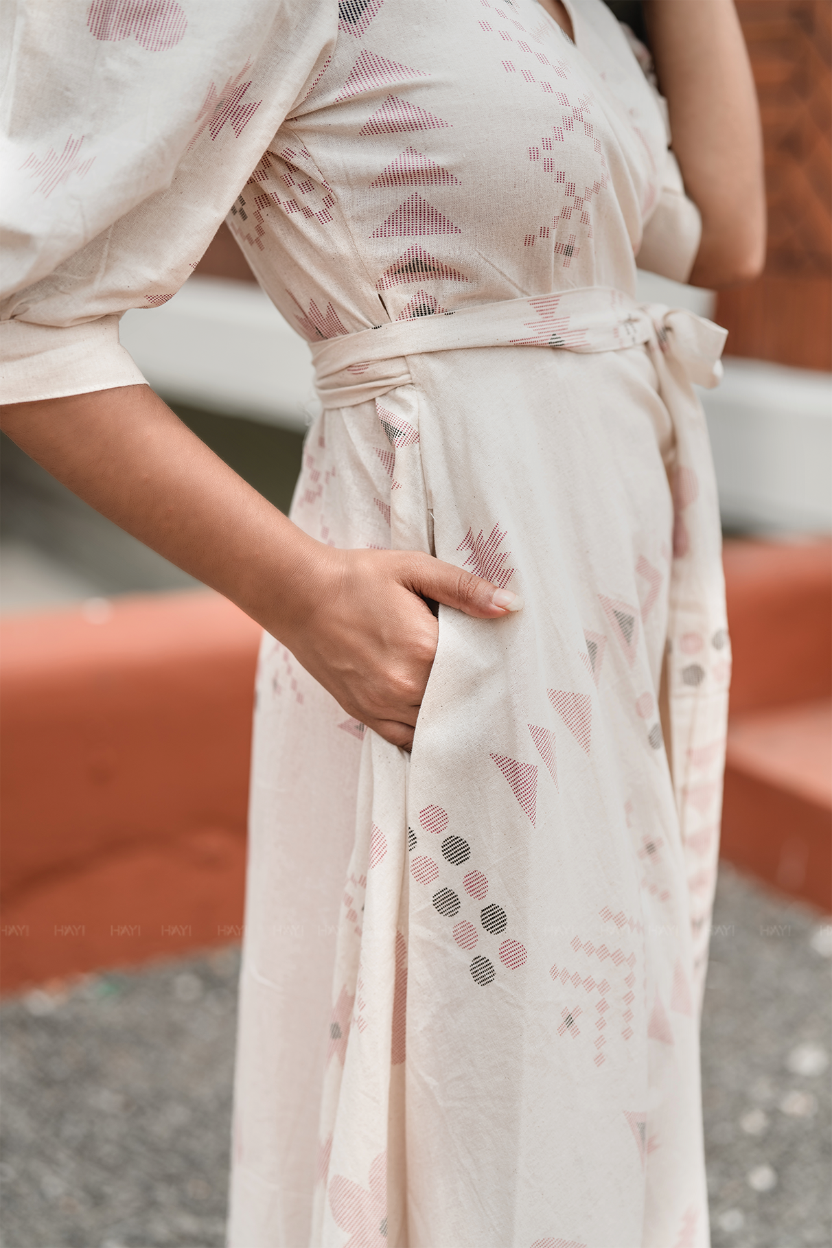 Puffy Poise Beige Cotton Blend Wrap Dress with V-Neckline &amp; Puff Sleeves