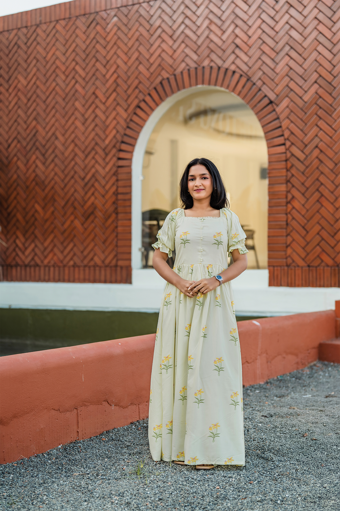 Florabelle Green Viscose Dress with Shoulder Elastic &amp; Frill Sleeves