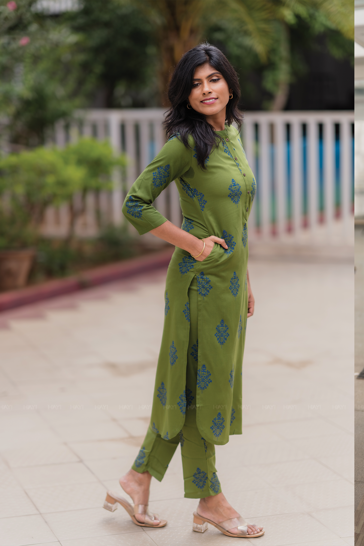Olive Majesty Viscose Co-ord with Chinese Collar &amp; Half Lacket