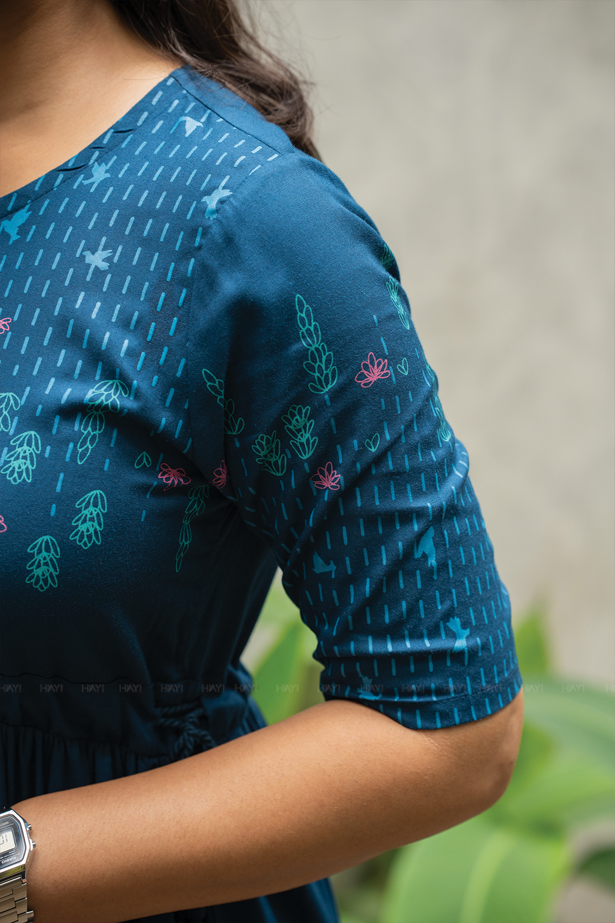 Blue Dessert Blue Viscose Dress with Round Neck &amp; Placement Detail