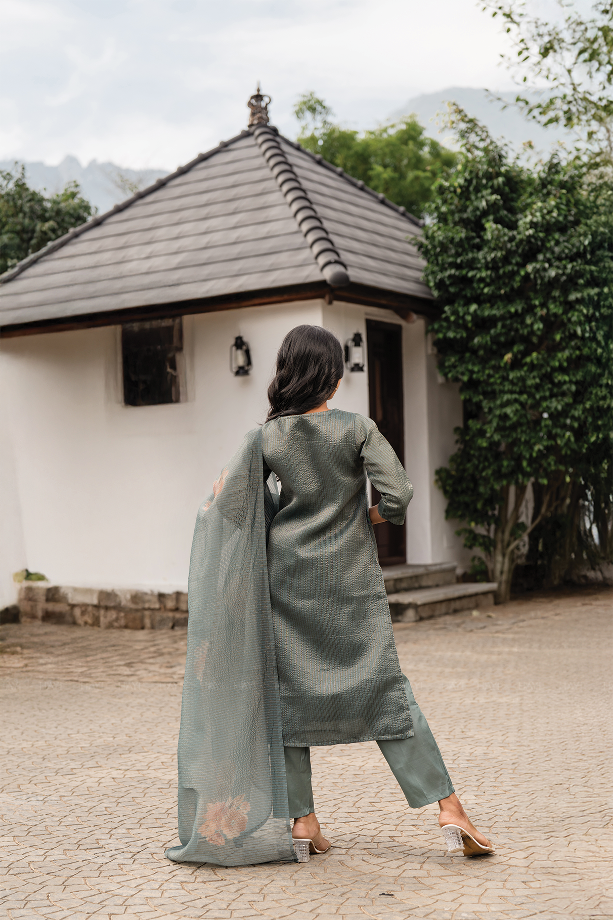 Green Mist 3 Piece Crush Silk Blend Floral Hand-Embroidered Kurta with Pant &amp; Dupatta