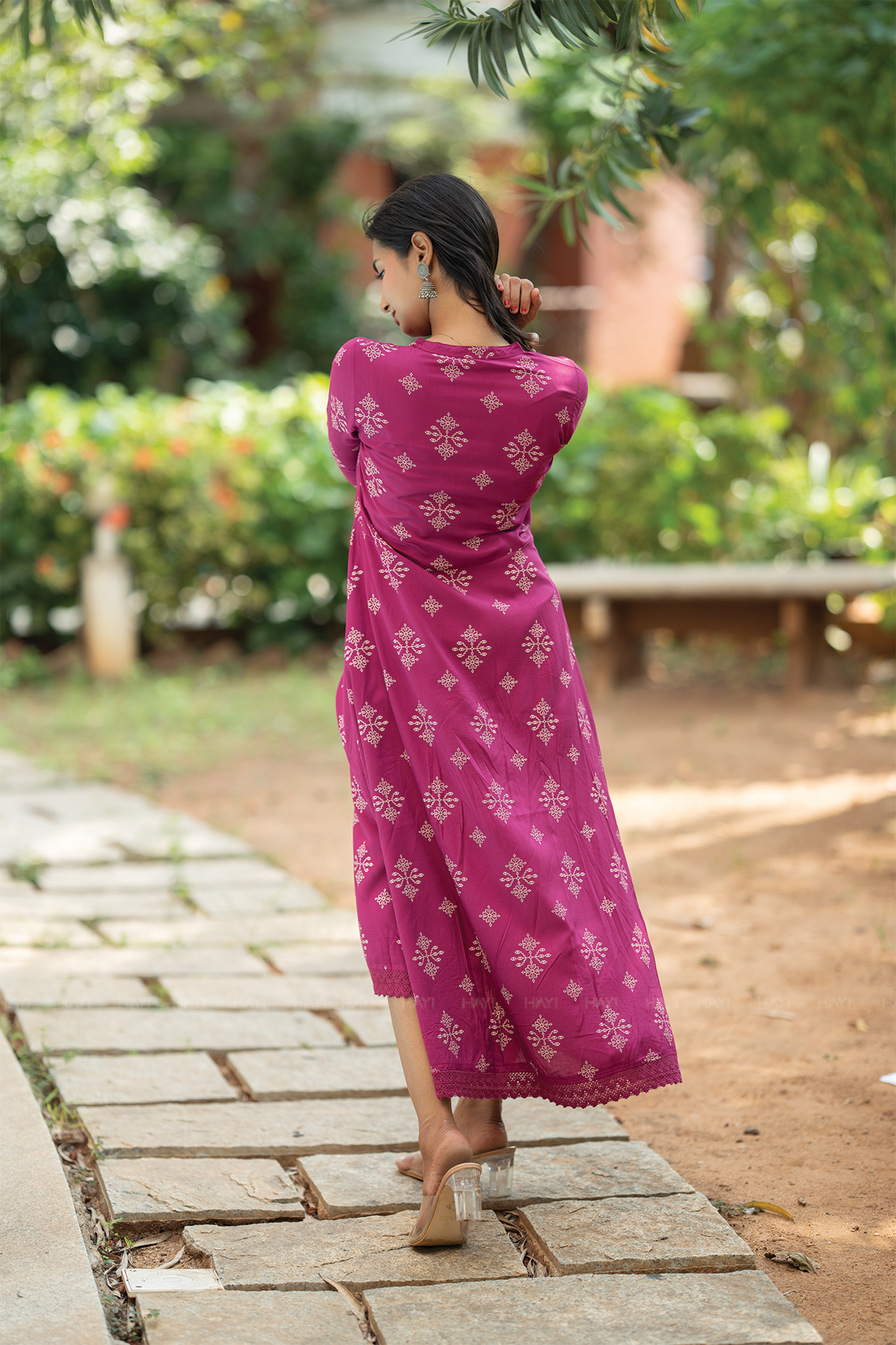 Celeste Violetta Violet Viscose Dress with Chinese Collar Neck &amp; 3/4 Sleeves