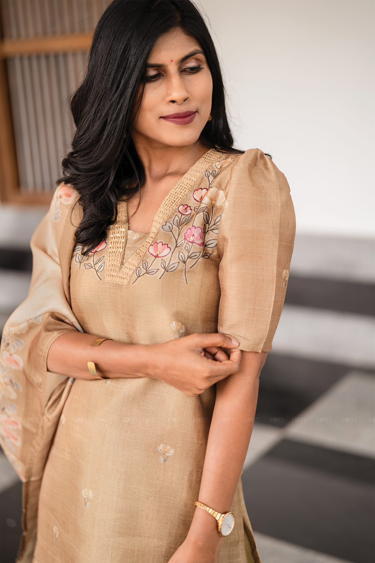 Classic Natural Yellow 3-Piece Tussar Silk Blend Floral Hand-Embroidered Kurta with Pant &amp; Dupatta